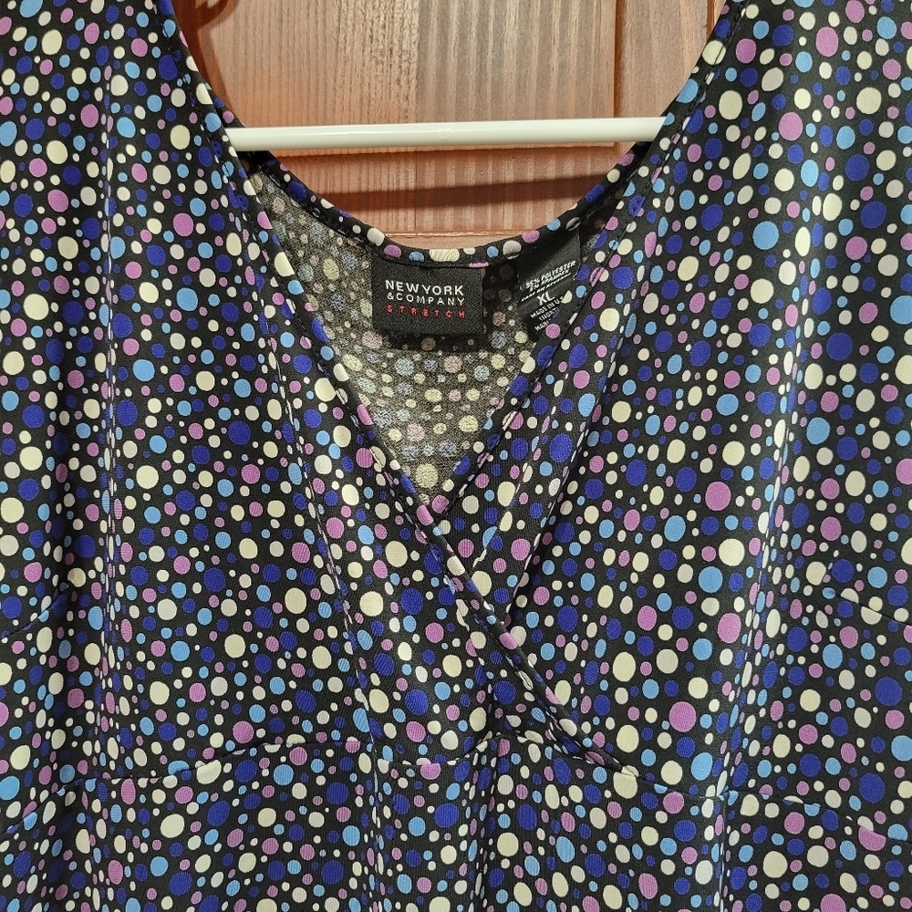 New York & Company Stretch Blue Multicolored Polkadot Long Sleeve | XL - Picture 2 of 7